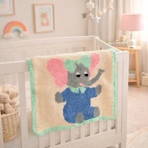 Vintage Hand Crochet Baby Blanket Elephant Nursery Afghan 24x24 Pastel